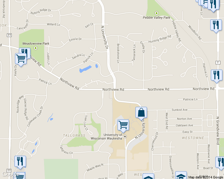 map of restaurants, bars, coffee shops, grocery stores, and more near 2704 Northview Road in Waukesha
