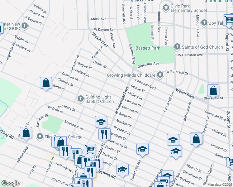 map of restaurants, bars, coffee shops, grocery stores, and more near 2920 Concord Street in Flint