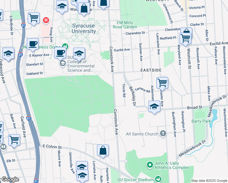 map of restaurants, bars, coffee shops, grocery stores, and more near in Syracuse