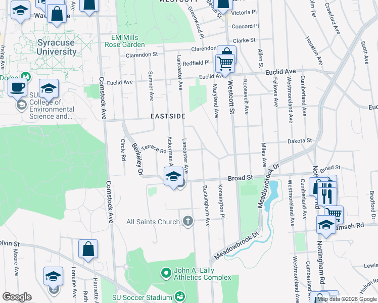 map of restaurants, bars, coffee shops, grocery stores, and more near 204 Kensington Road in Syracuse