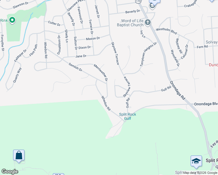 map of restaurants, bars, coffee shops, grocery stores, and more near 301 Merriwether Drive in Syracuse