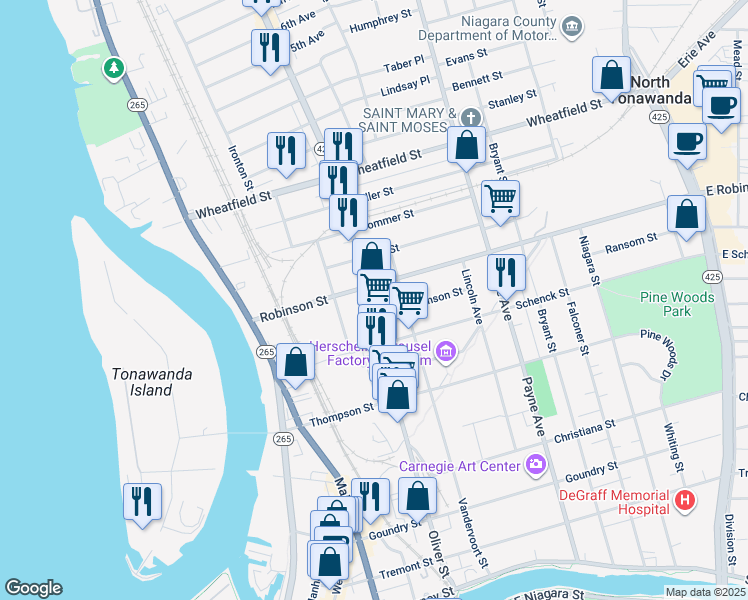 map of restaurants, bars, coffee shops, grocery stores, and more near 347 Oliver Street in North Tonawanda