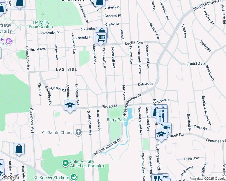 map of restaurants, bars, coffee shops, grocery stores, and more near 521 Kensington Road in Syracuse