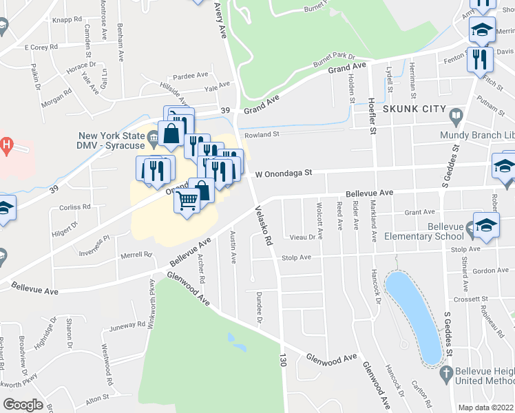 map of restaurants, bars, coffee shops, grocery stores, and more near Bellevue Avenue & Velasko Road in Syracuse