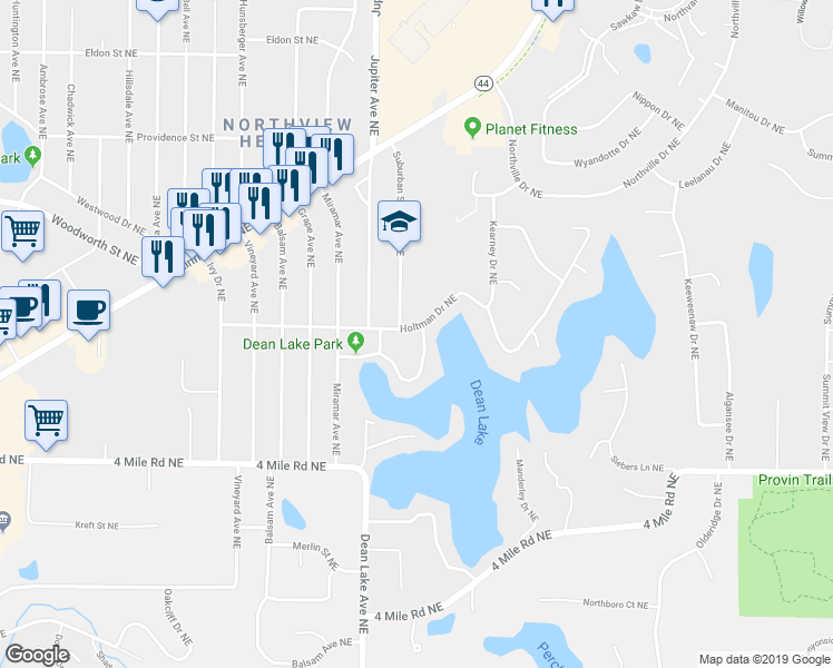 map of restaurants, bars, coffee shops, grocery stores, and more near 2291 Edgewater Drive Northeast in Grand Rapids