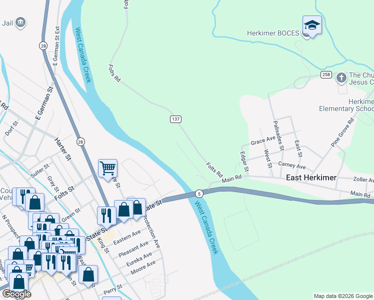 map of restaurants, bars, coffee shops, grocery stores, and more near 120 Piper Road in Herkimer