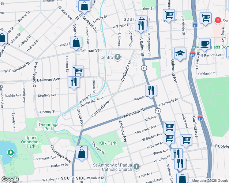map of restaurants, bars, coffee shops, grocery stores, and more near 302 Doctor Martin Luther King West in Syracuse