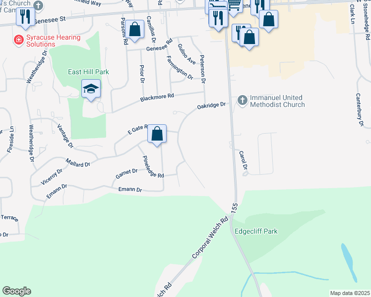map of restaurants, bars, coffee shops, grocery stores, and more near 407 Oakridge Drive in Camillus