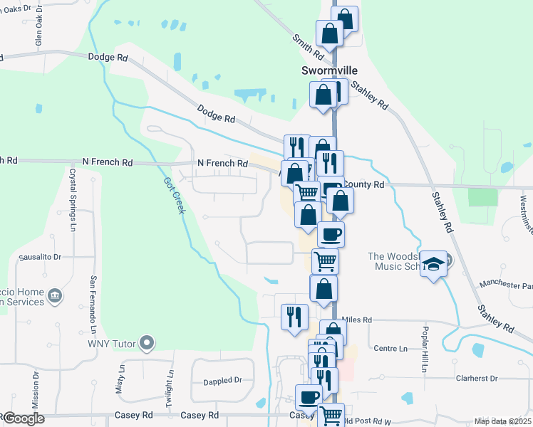 map of restaurants, bars, coffee shops, grocery stores, and more near 62 Autumn Creek Court in East Amherst