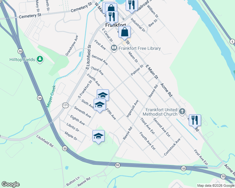 map of restaurants, bars, coffee shops, grocery stores, and more near 302 Third Avenue in Frankfort