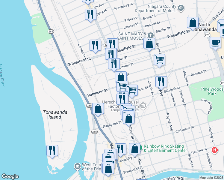 map of restaurants, bars, coffee shops, grocery stores, and more near 107 Robinson Street in North Tonawanda
