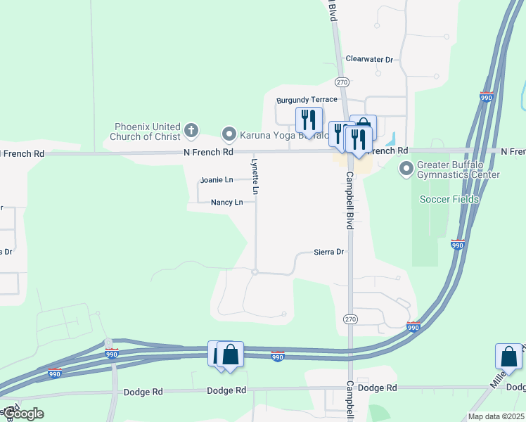 map of restaurants, bars, coffee shops, grocery stores, and more near 88 Lynette Lane in Buffalo