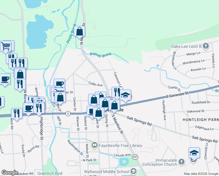 map of restaurants, bars, coffee shops, grocery stores, and more near 257 North Manlius Street in Fayetteville