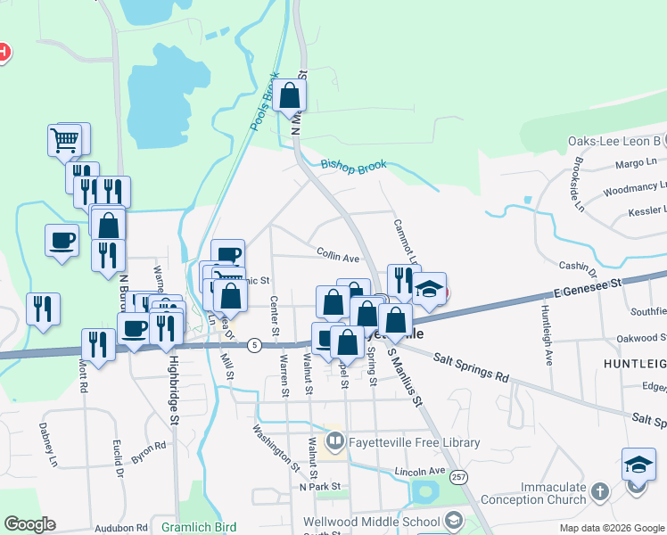 map of restaurants, bars, coffee shops, grocery stores, and more near 304 Collin Avenue in Fayetteville