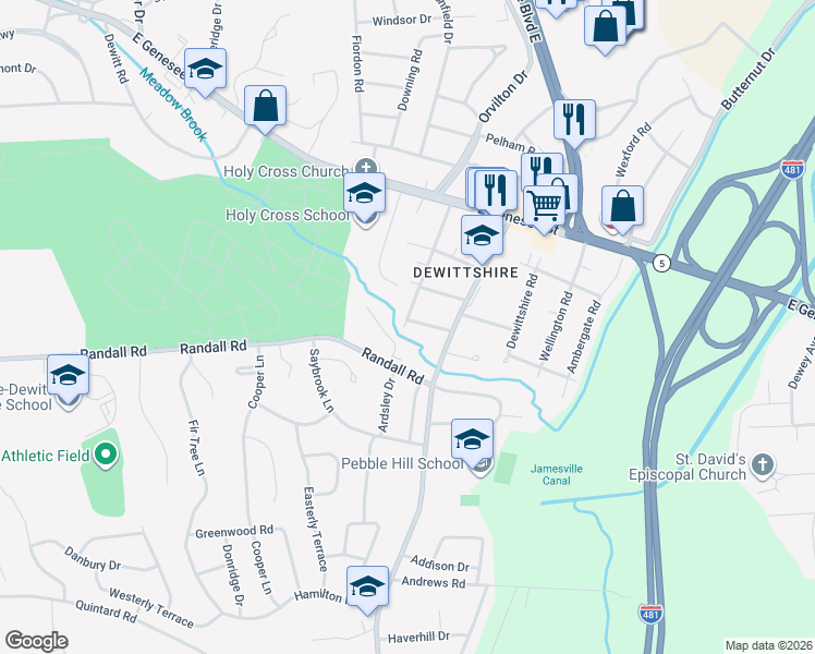map of restaurants, bars, coffee shops, grocery stores, and more near 100 Lynbrook Circle in Syracuse