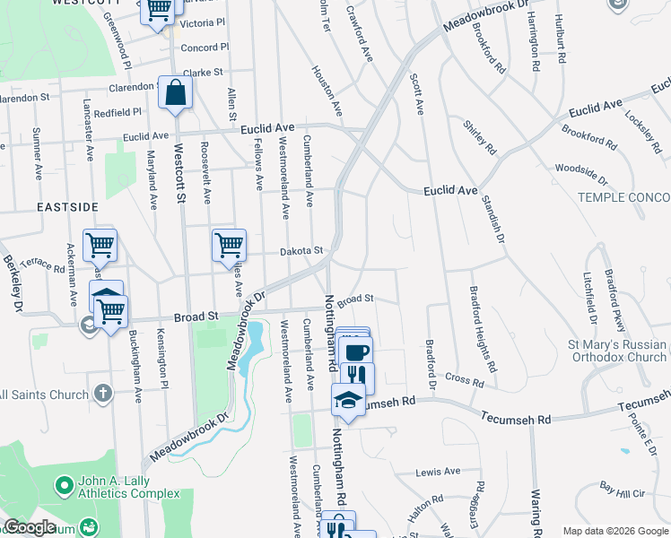 map of restaurants, bars, coffee shops, grocery stores, and more near 105 Nottingham Road in Syracuse