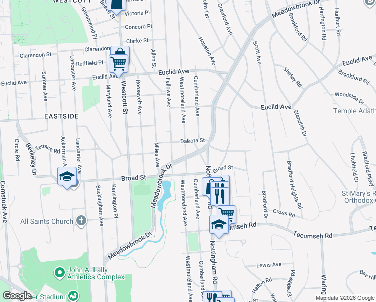 map of restaurants, bars, coffee shops, grocery stores, and more near 811 Meadowbrook Drive in Syracuse