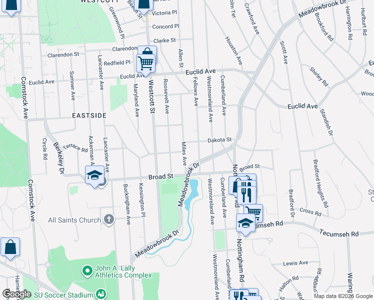 map of restaurants, bars, coffee shops, grocery stores, and more near 317 Miles Avenue in Syracuse