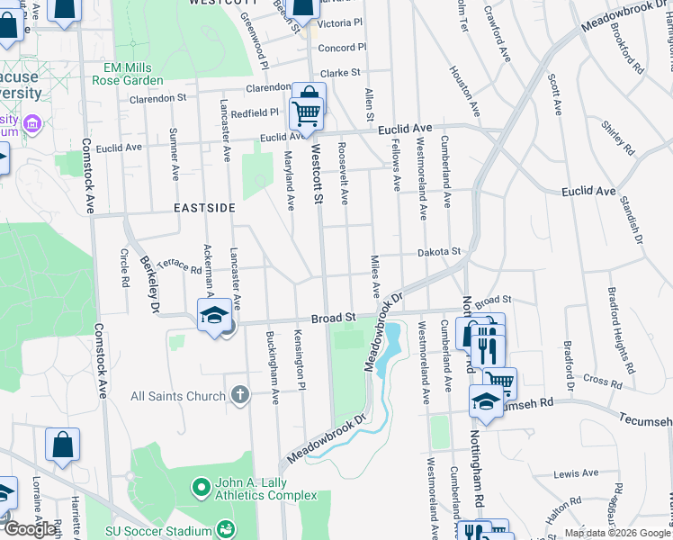 map of restaurants, bars, coffee shops, grocery stores, and more near 521 Kensington Road in Syracuse