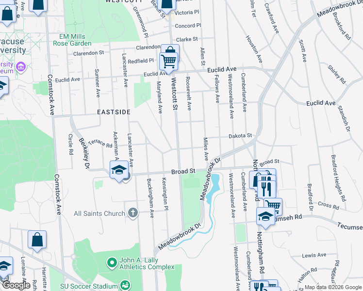 map of restaurants, bars, coffee shops, grocery stores, and more near 521 Kensington Road in Syracuse