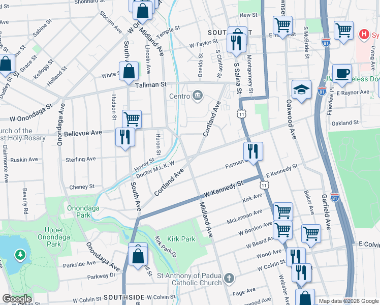 map of restaurants, bars, coffee shops, grocery stores, and more near 302 Doctor Martin Luther King West in Syracuse