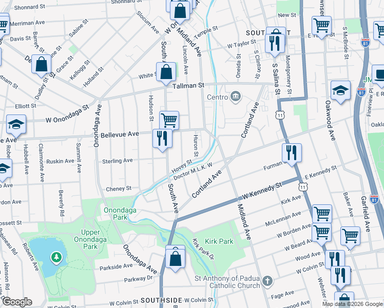 map of restaurants, bars, coffee shops, grocery stores, and more near 132 Huron Street in Syracuse