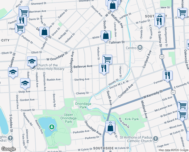 map of restaurants, bars, coffee shops, grocery stores, and more near 349 Rich Street in Syracuse