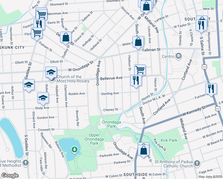 map of restaurants, bars, coffee shops, grocery stores, and more near 244 Palmer Avenue in Syracuse