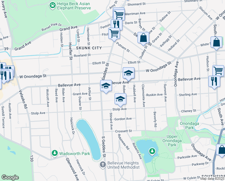 map of restaurants, bars, coffee shops, grocery stores, and more near 106 Page Avenue in Syracuse