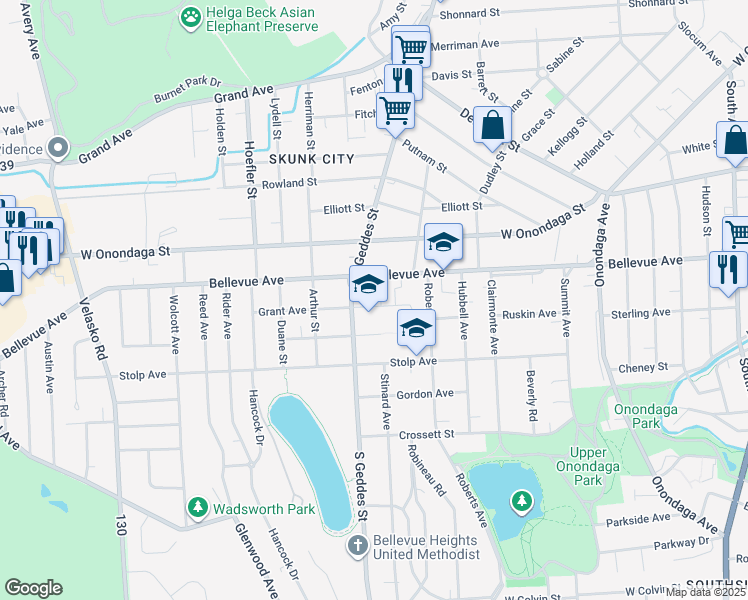 map of restaurants, bars, coffee shops, grocery stores, and more near 210 Grant Avenue in Syracuse