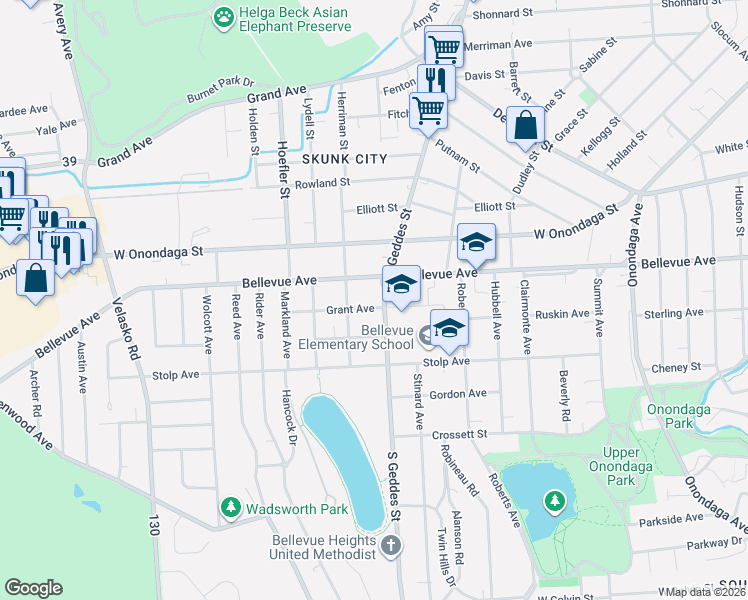 map of restaurants, bars, coffee shops, grocery stores, and more near 316 Grant Avenue in Syracuse