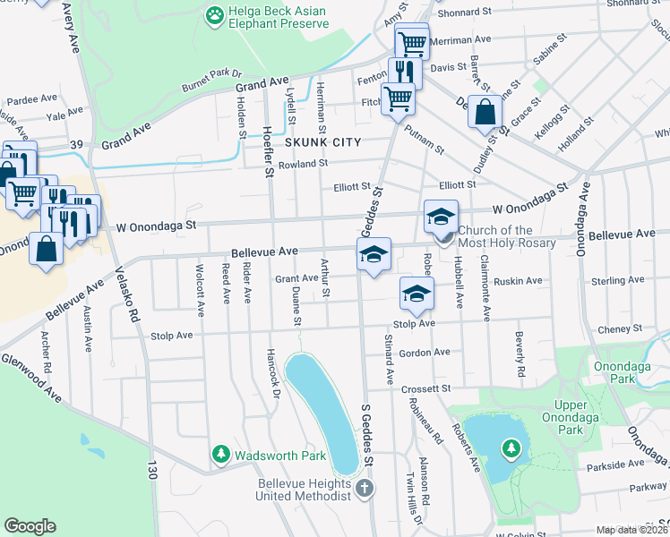 map of restaurants, bars, coffee shops, grocery stores, and more near 316 Grant Avenue in Syracuse
