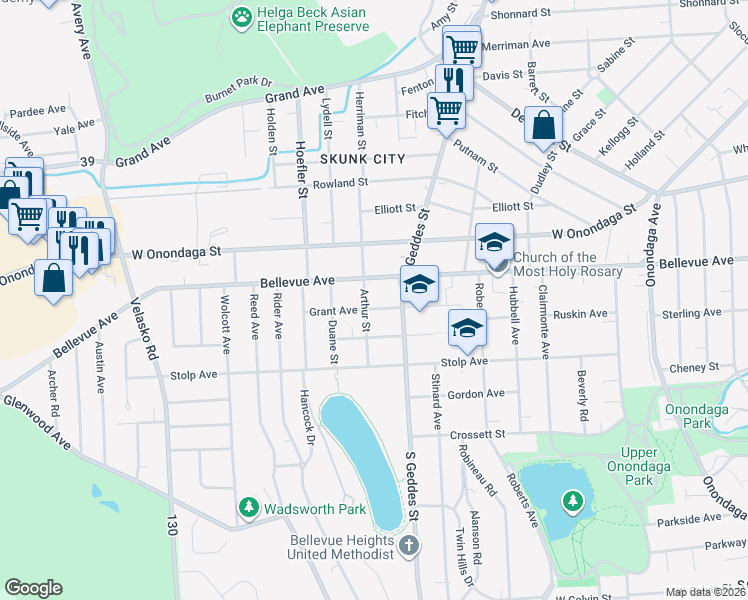 map of restaurants, bars, coffee shops, grocery stores, and more near 316 Grant Avenue in Syracuse
