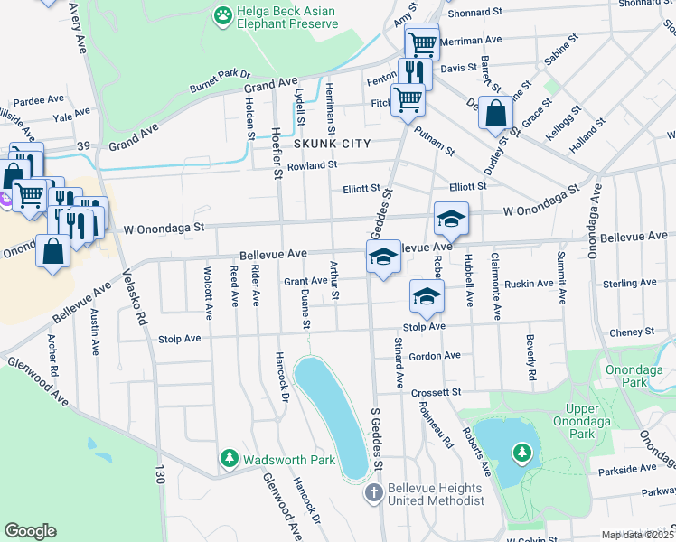 map of restaurants, bars, coffee shops, grocery stores, and more near 412 Grant Avenue in Syracuse