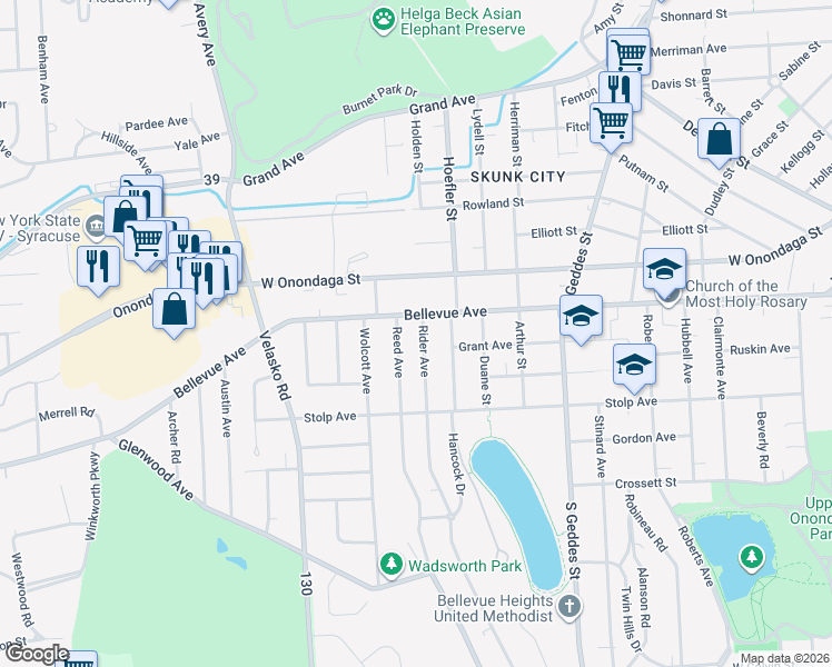 map of restaurants, bars, coffee shops, grocery stores, and more near 105 Rider Avenue in Syracuse