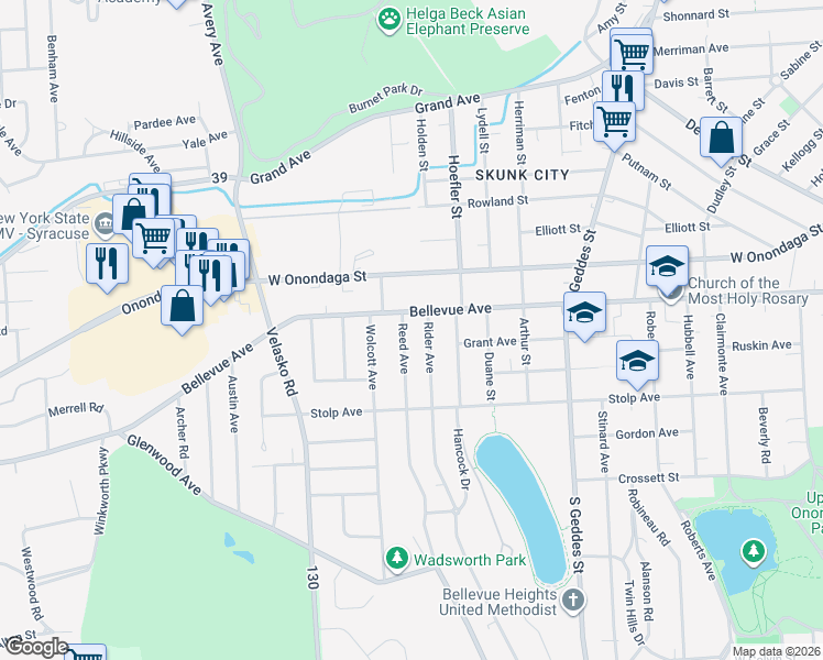 map of restaurants, bars, coffee shops, grocery stores, and more near 118 Reed Avenue in Syracuse