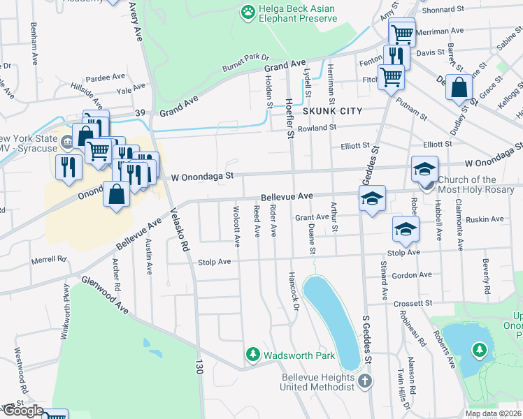 map of restaurants, bars, coffee shops, grocery stores, and more near 118 Reed Avenue in Syracuse