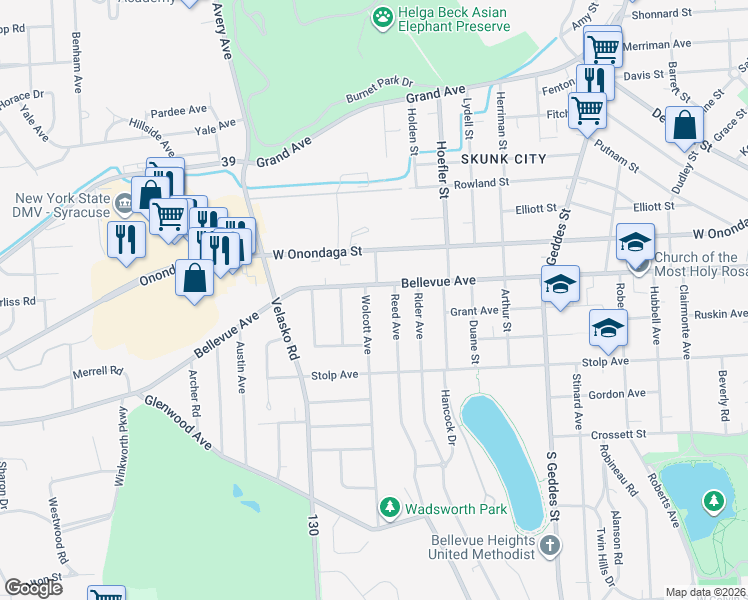 map of restaurants, bars, coffee shops, grocery stores, and more near 118 Reed Avenue in Syracuse