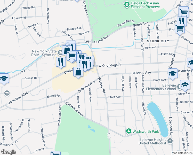 map of restaurants, bars, coffee shops, grocery stores, and more near 2026-28 Bellevue Avenue in Syracuse
