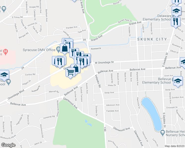 map of restaurants, bars, coffee shops, grocery stores, and more near 2026-28 Bellevue Avenue in Syracuse