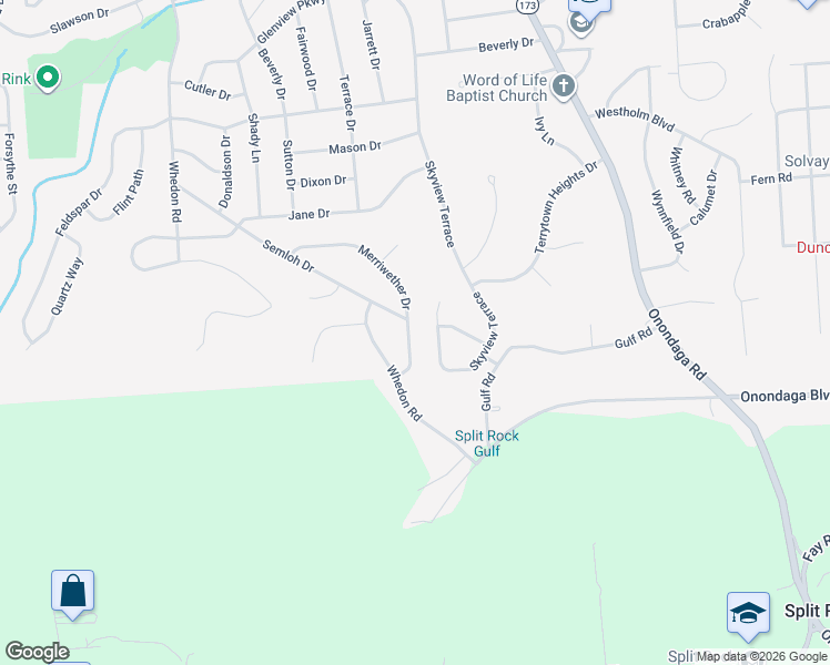 map of restaurants, bars, coffee shops, grocery stores, and more near 301 Merriwether Drive in Syracuse