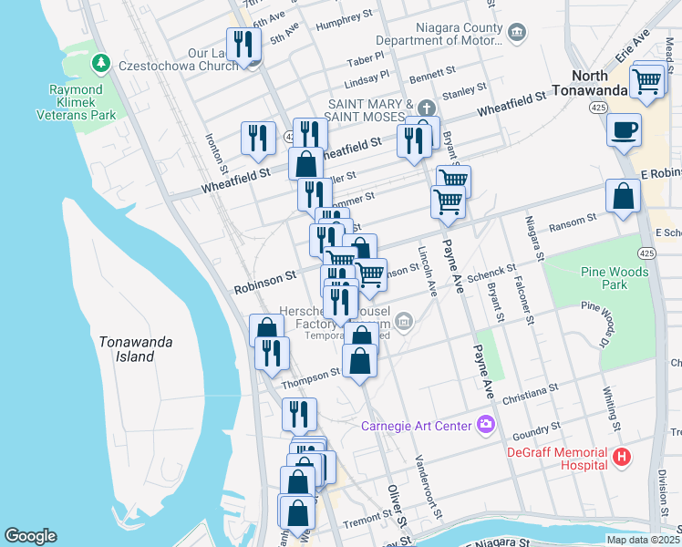map of restaurants, bars, coffee shops, grocery stores, and more near 347 Oliver Street in North Tonawanda