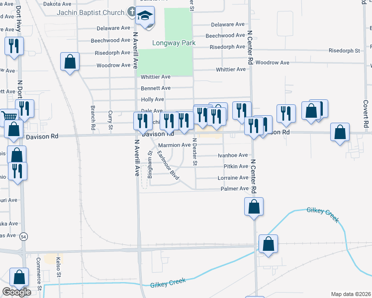 map of restaurants, bars, coffee shops, grocery stores, and more near 1705 Newcombe Street in Flint