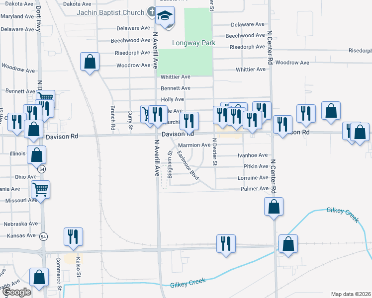 map of restaurants, bars, coffee shops, grocery stores, and more near 1710 Earlmoor Boulevard in Flint