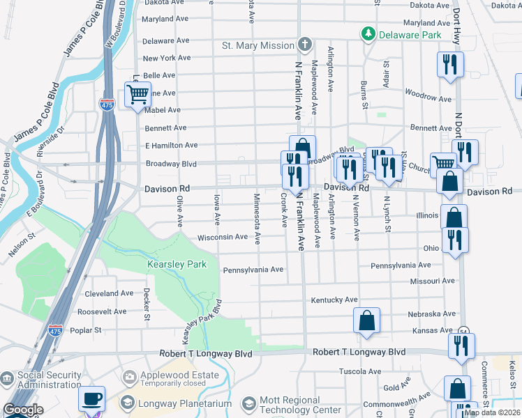 map of restaurants, bars, coffee shops, grocery stores, and more near 1721 Illinois Avenue in Flint