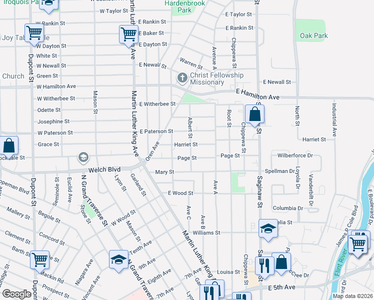 map of restaurants, bars, coffee shops, grocery stores, and more near 1709 Albert Street in Flint