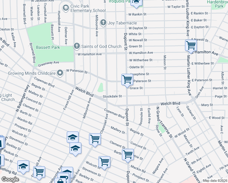 map of restaurants, bars, coffee shops, grocery stores, and more near 812 Stockdale Street in Flint