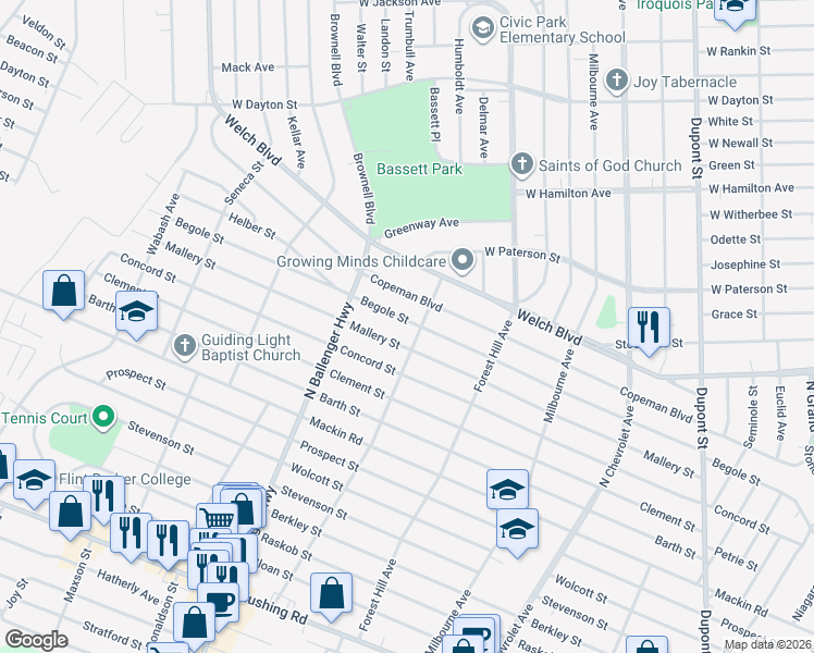 map of restaurants, bars, coffee shops, grocery stores, and more near 1562 Lavender Avenue in Flint