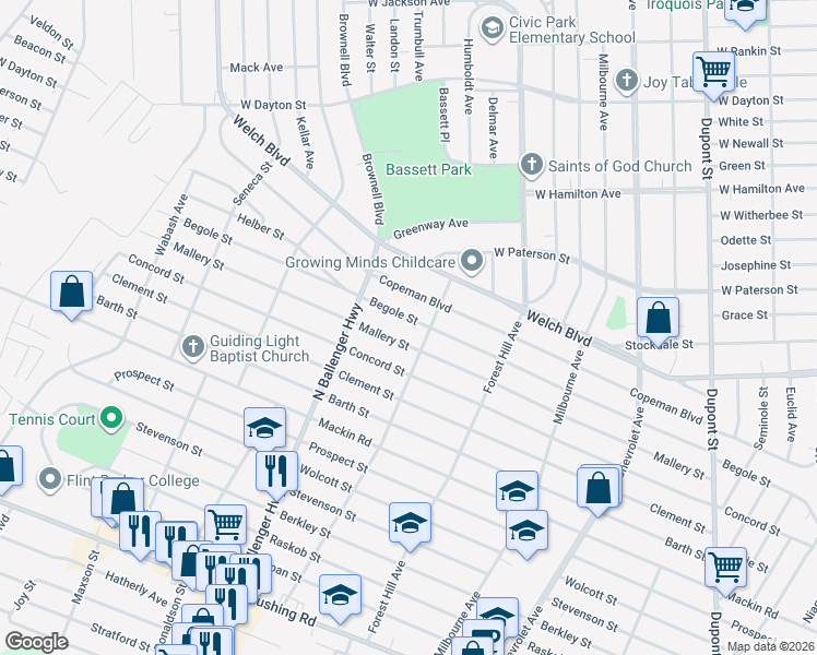 map of restaurants, bars, coffee shops, grocery stores, and more near 2824 Mallery Street in Flint
