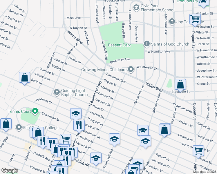 map of restaurants, bars, coffee shops, grocery stores, and more near 2824 Mallery Street in Flint